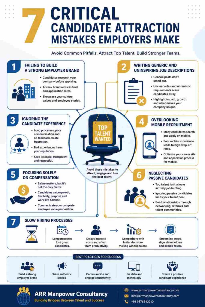 Comprehensive infographic illustrating seven critical candidate attraction mistakes employers make, including weak employer branding, generic job descriptions, poor candidate experience, lack of mobile recruitment, compensation-focused hiring, neglecting passive candidates, and slow hiring processes.