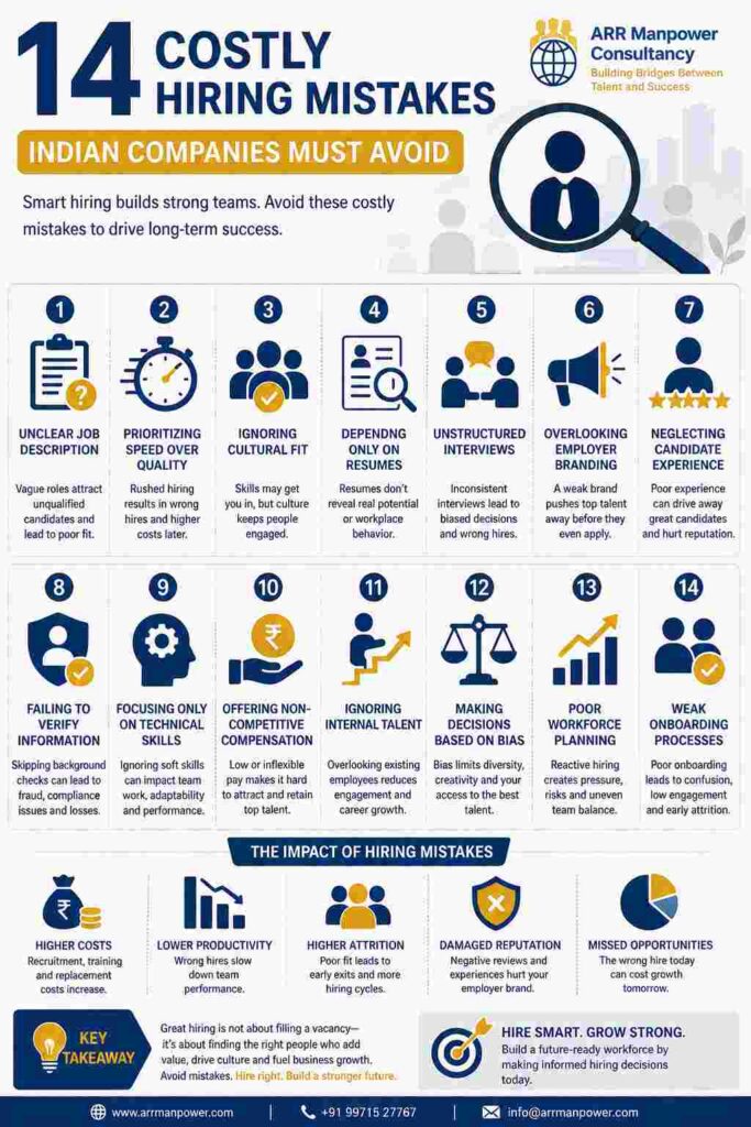 Infographic titled “14 Costly Hiring Mistakes Indian Companies Must Avoid” featuring recruitment-related icons and visual sections covering common hiring errors, their business impact, and key takeaways for employers.
