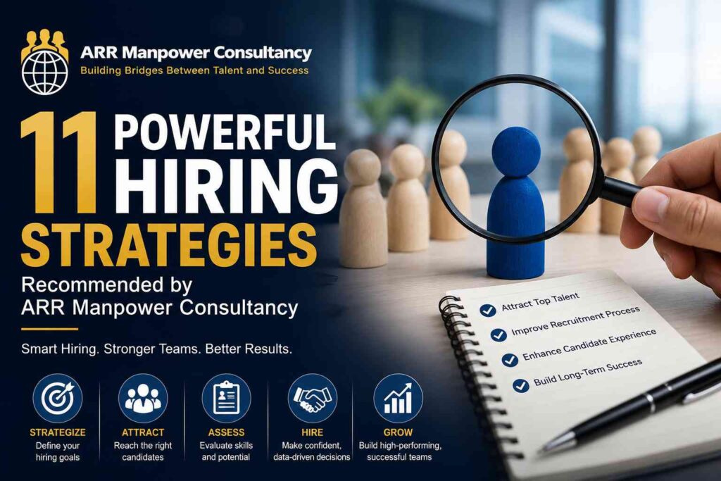 "Professional recruitment-themed featured image by ARR Manpower Consultancy showing a magnifying glass highlighting a top candidate among a group of applicants, representing 11 powerful hiring strategies for attracting and selecting the best talent."