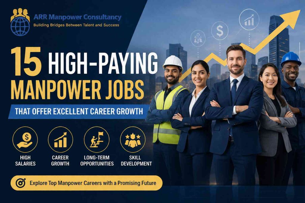 Professional featured image showing diverse manpower professionals, including managers, engineers, and skilled workers, with an upward growth chart representing high-paying manpower jobs and career advancement opportunities.