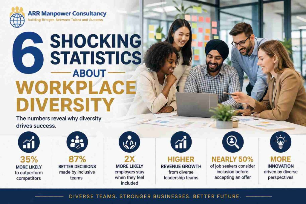 Featured image showing a diverse team of professionals collaborating in a modern office with the headline "6 Shocking Statistics About Workplace Diversity" and key workforce inclusion statistics displayed in an infographic format.
