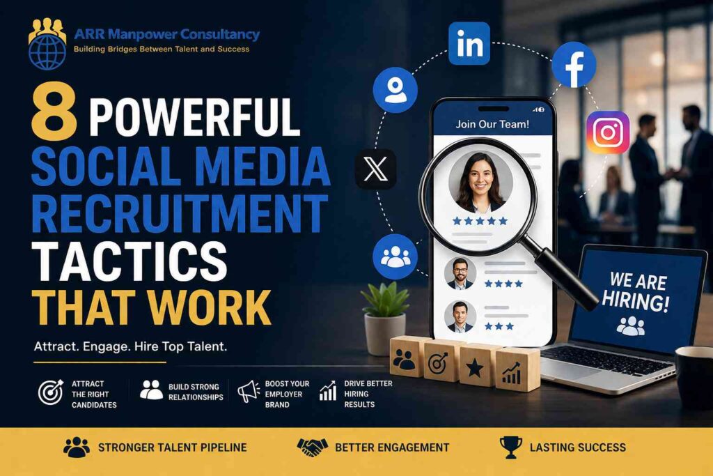 Featured image illustrating 8 powerful social media recruitment tactics, featuring a smartphone displaying candidate profiles, social media platform icons, hiring visuals, and ARR Manpower Consultancy branding focused on attracting and engaging top talent online.