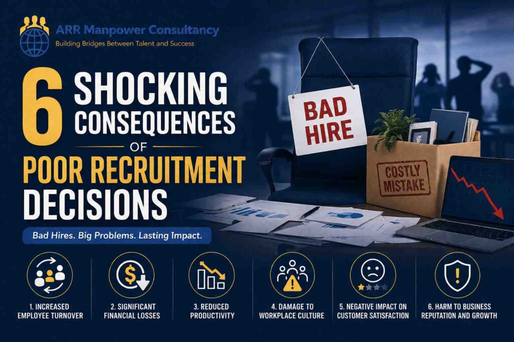 Featured image illustrating the six shocking consequences of poor recruitment decisions, including employee turnover, financial losses, reduced productivity, workplace culture damage, customer dissatisfaction, and harm to business reputation, with ARR Manpower Consultancy branding
