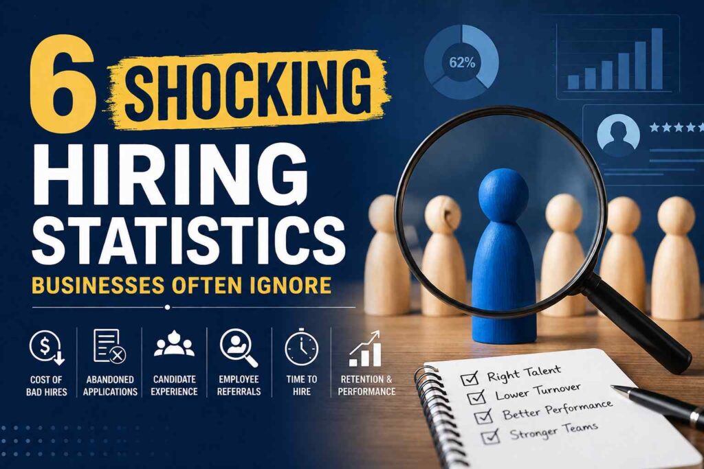 Featured image illustrating six shocking hiring statistics businesses often ignore, including cost of bad hires, abandoned applications, candidate experience, employee referrals, time-to-hire, and retention, with a magnifying glass highlighting a job candidate.