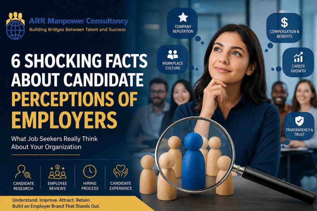 Professional featured image illustrating candidate perceptions of employers, showing a job seeker evaluating company reputation, workplace culture, employee reviews, compensation, career growth, transparency, and candidate experience, with ARR Manpower Consultancy branding.