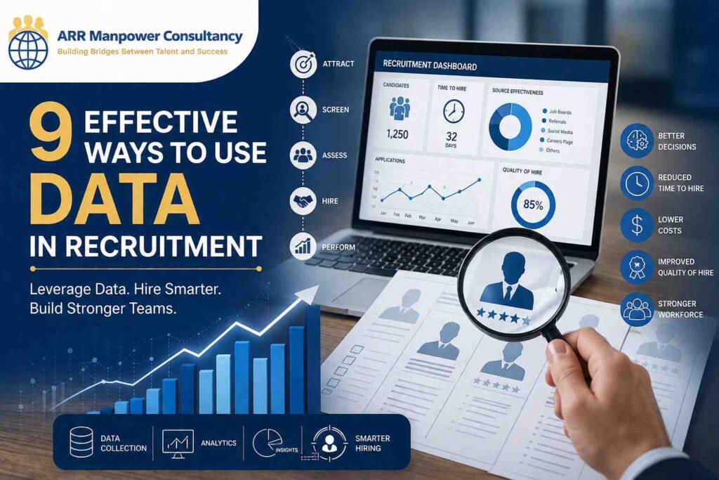 Featured image illustrating data-driven recruitment with a recruitment dashboard, candidate profiles, analytics charts, and hiring metrics, highlighting 9 effective ways to use data in recruitment for smarter hiring decisions.