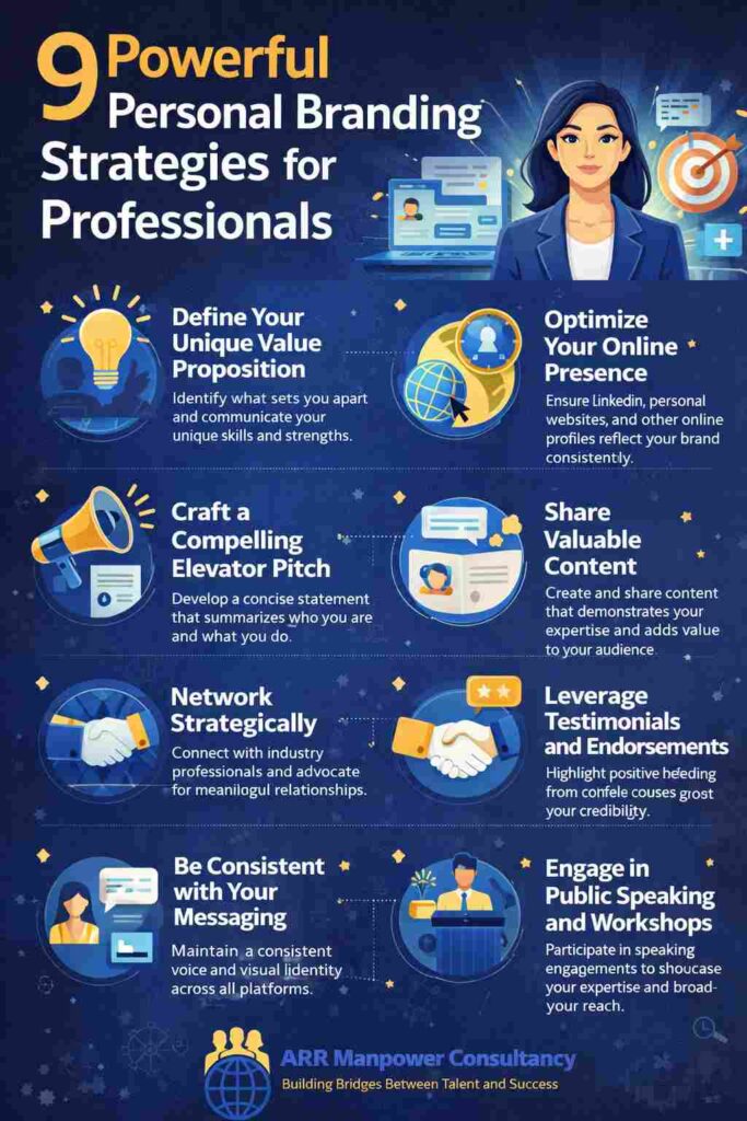 Infographic showcasing 9 powerful personal branding strategies for professionals, including online presence, networking, content creation, thought leadership, reputation management, and continuous learning.