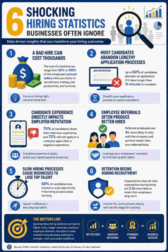 Infographic highlighting six shocking hiring statistics businesses often ignore, including bad hire costs, application abandonment rates, candidate experience, employee referrals, slow hiring processes, and employee retention, with recruitment-themed icons and data visualizations.