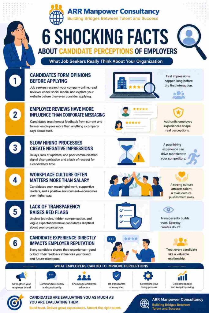 Infographic highlighting six shocking facts about candidate perceptions of employers, including employer branding, employee reviews, hiring speed, workplace culture, transparency, and candidate experience, with ARR Manpower Consultancy branding.